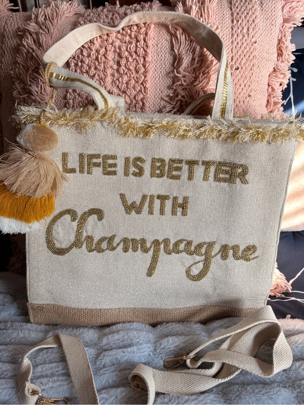 Neutral Canvas Tote Bag with Gold Script - Life Is Better With Champagne